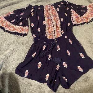 XS Lilka Anthropologie Black Vada Paisley Pompom Romper Off-shoulder